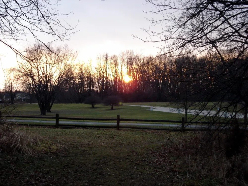 Trees, open lawn and a split-rail fence at sunset in nearby Deer Grove Forest Preserve, south of Deer Park.